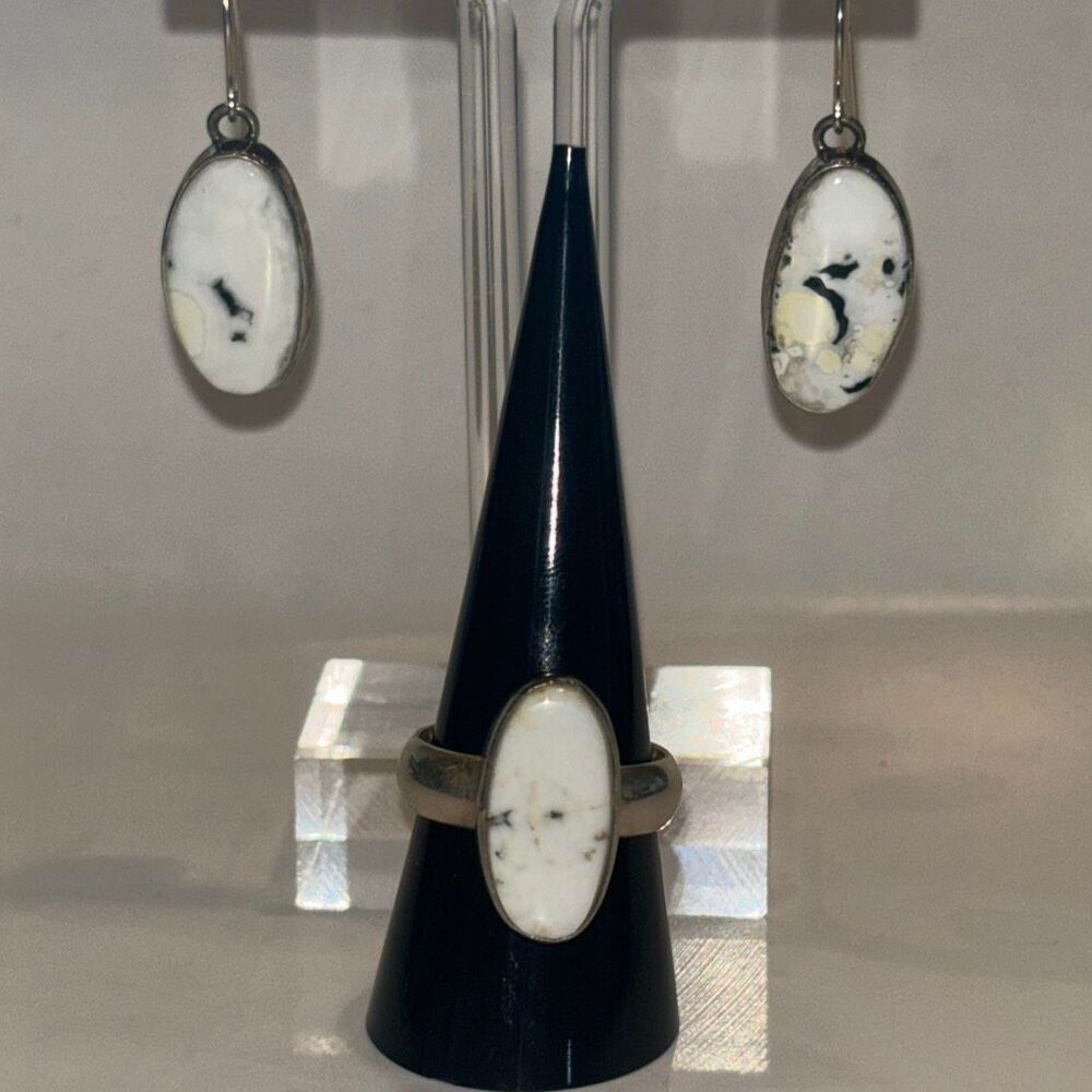 Vtg Ring & earring set white buffalo turquoise signed TG sterling silver navajo